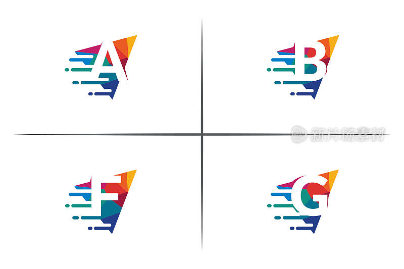 字母A, B, F，和G标志设计模板在负空间从三角形形状。数字移动概念